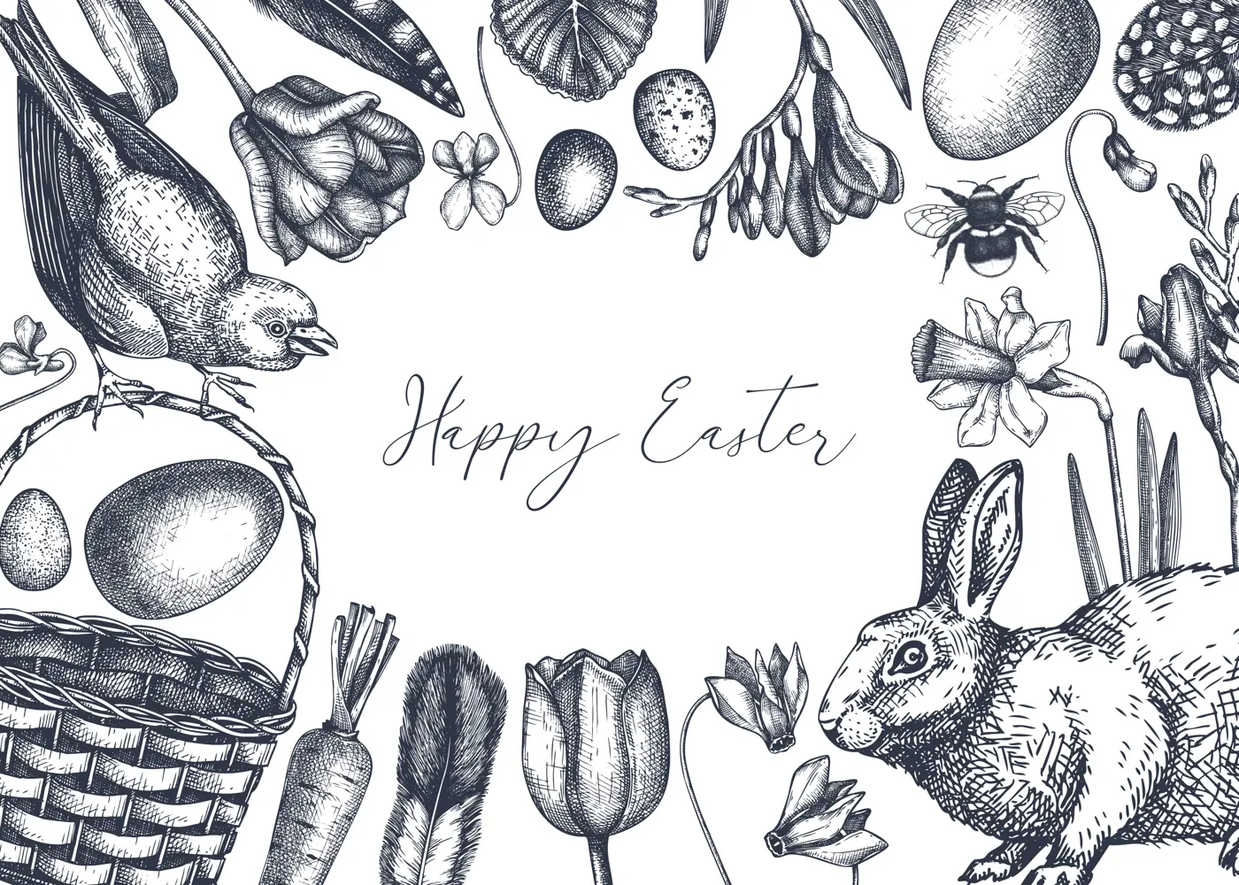 Easter frame design. With spring flowers, eggs and rabbit hand-drawings. Hand-sketched botanical backdrop. Spring plants and animals sketches. Easter card or invitation vector template Illustration